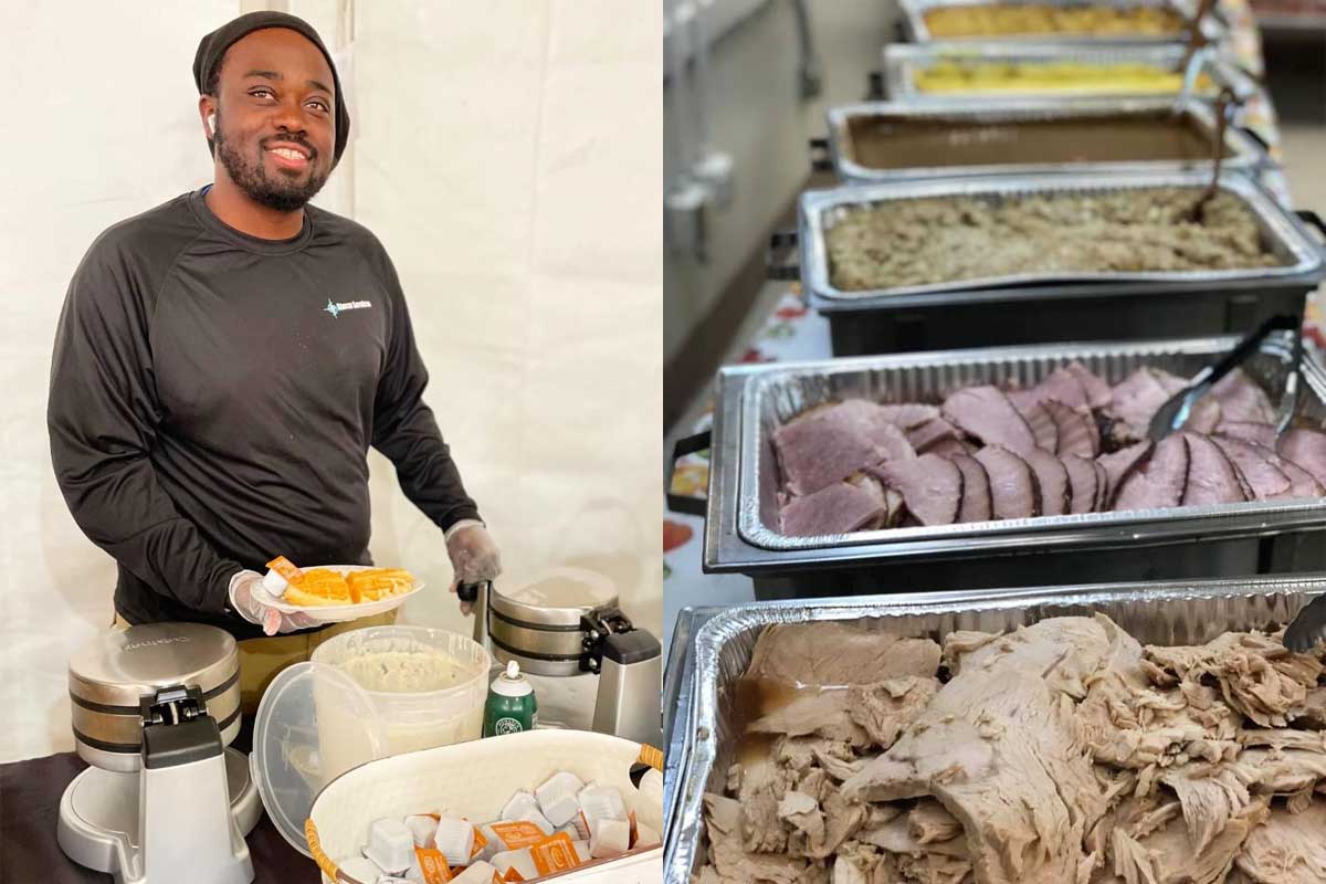 Snack selections and server in dining tent.