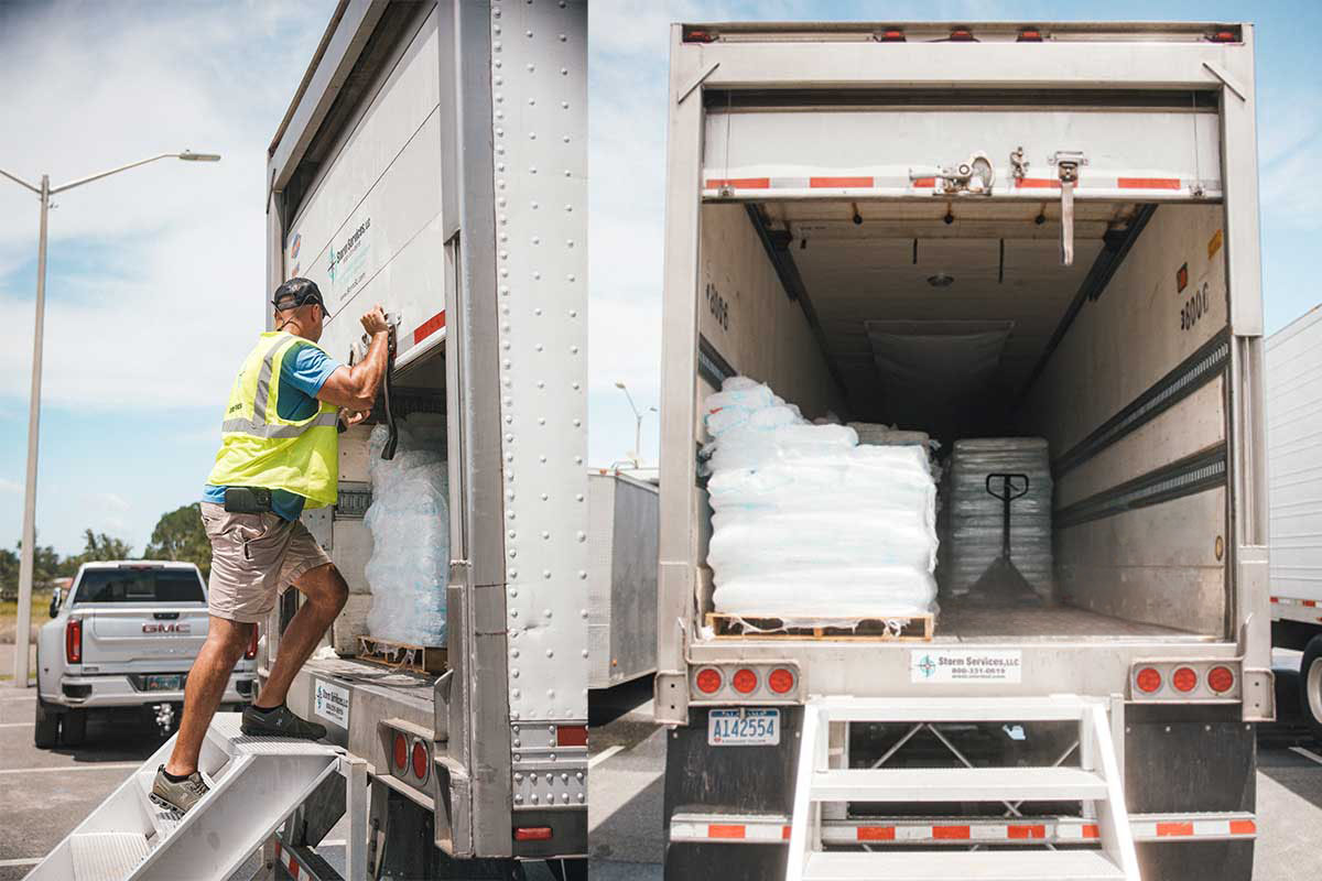 Cold storage and ice delivery via truck and trailer