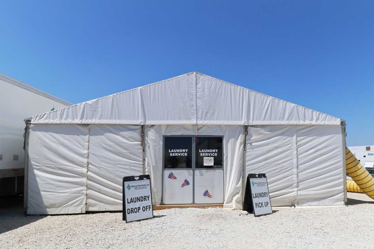 Image of the exterior of a laundry tent.