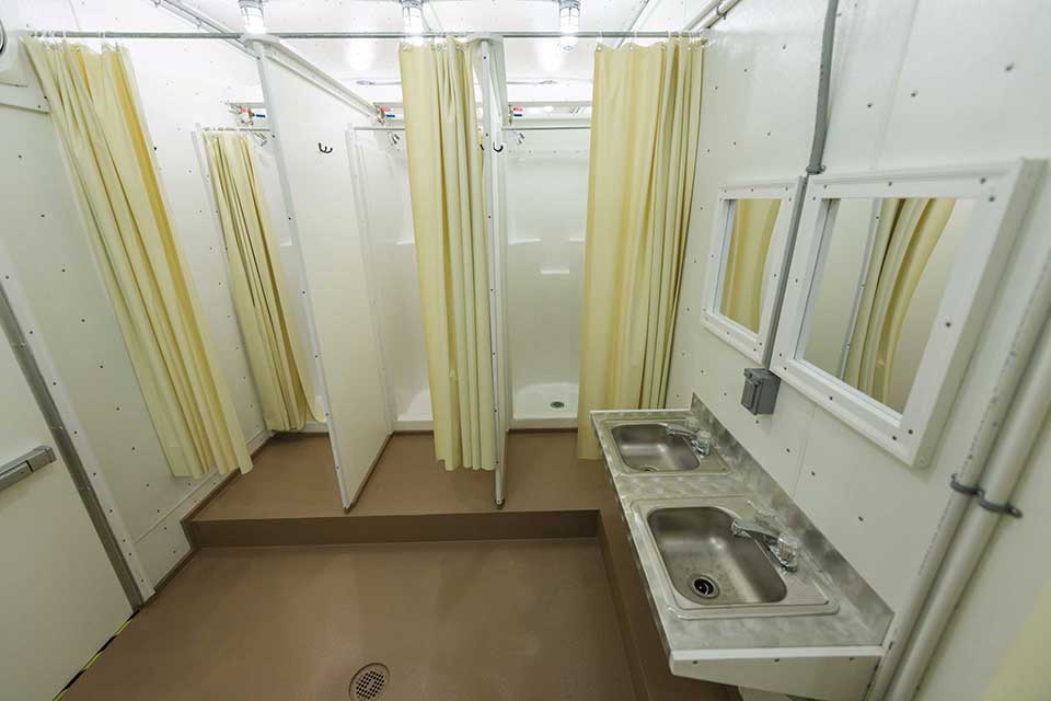 Multi-stall shower trailer interior view