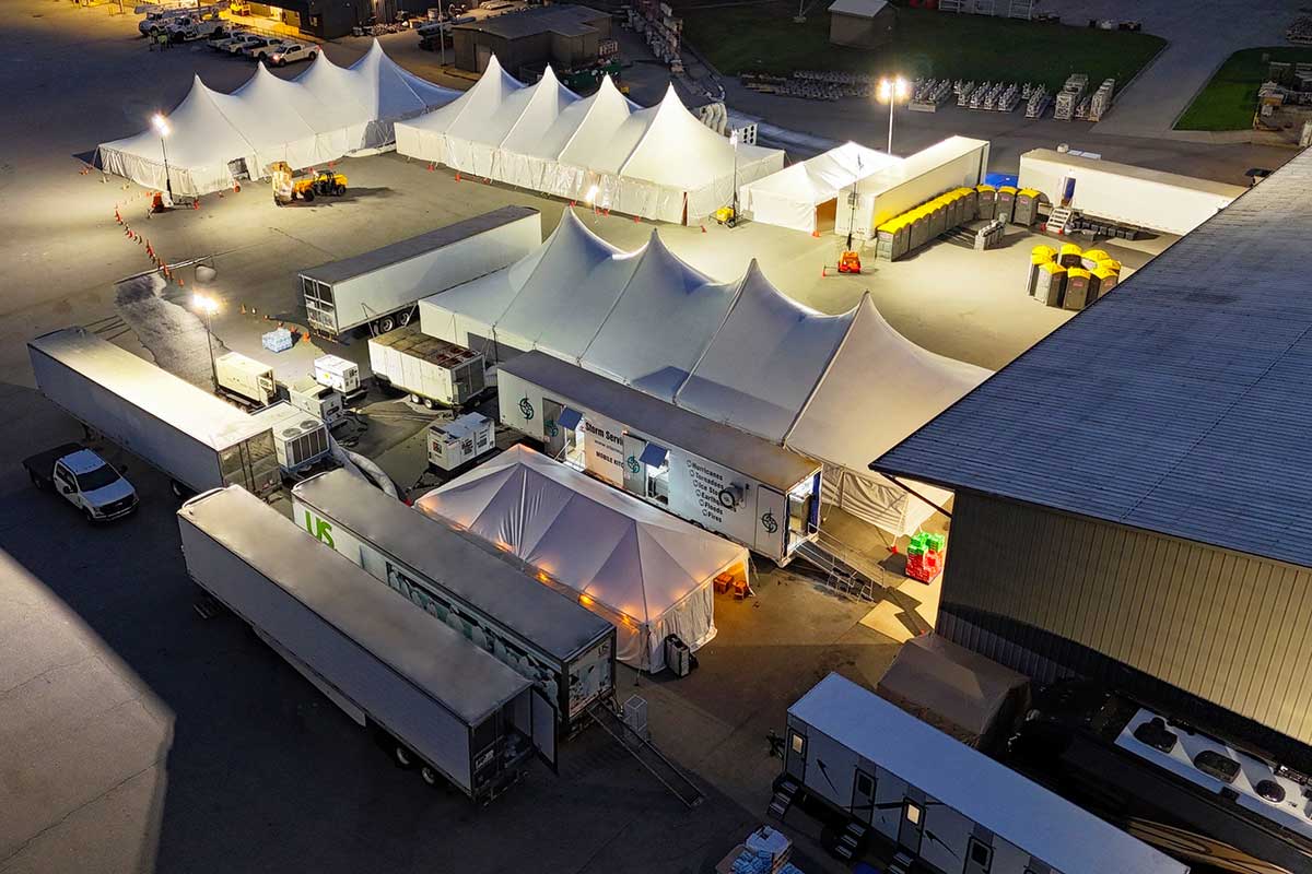 Aerial view of sleep tent deployment for a base camp.