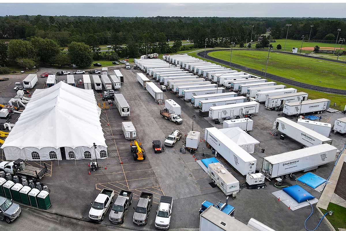 Aerial image of a base camp after Hurricane Idalia.