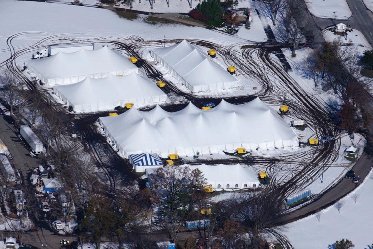 Aerial view of a base camp.